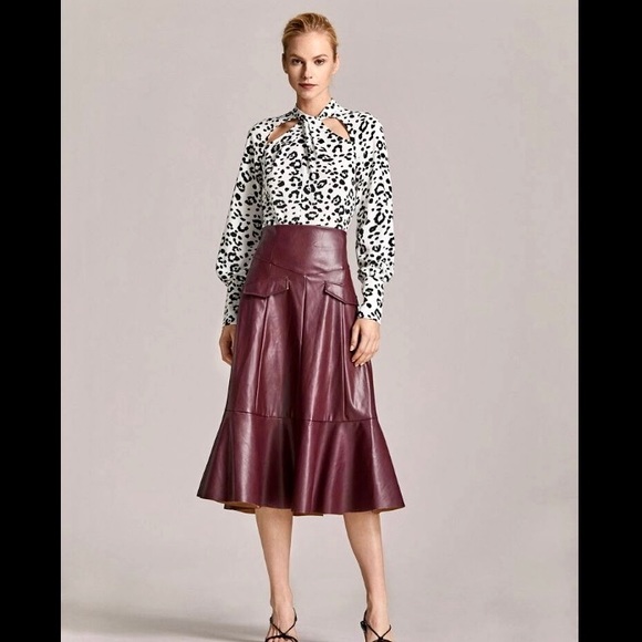 Burgundy Leather Ruffle Midi Skirt Size Med - Picture 1 of 7